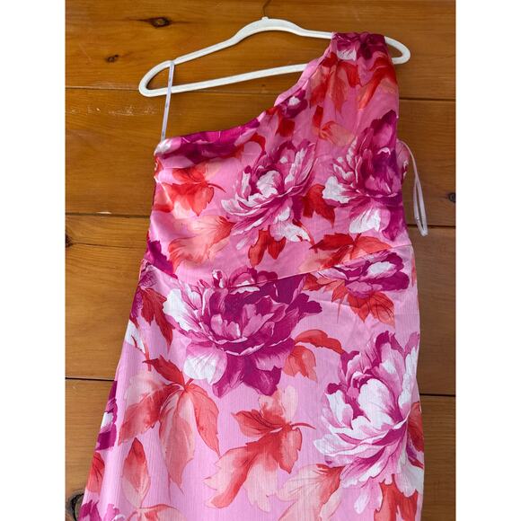 NWT Lulus Divinely Blooming Pink Multi Floral One-Shoulder Midi Dress Cruise L - Picture 4 of 9